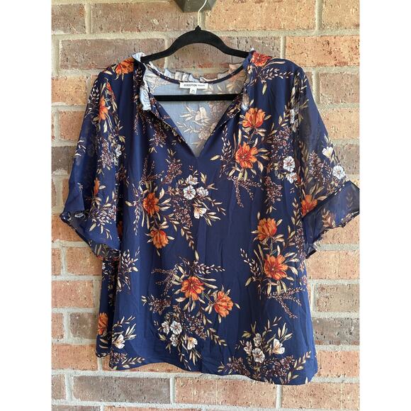 Perseption Concept Women's Blue Floral Spilt V-Neck Short Sleeve Blouse Size XL - Picture 1 of 3